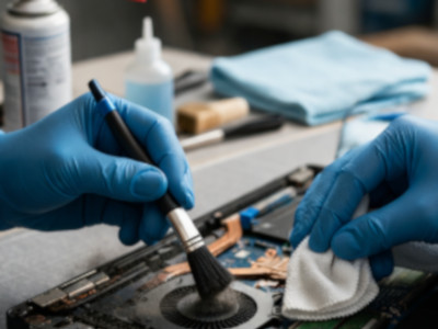 分解したノートPCを清掃しながら再生作業を進める様子