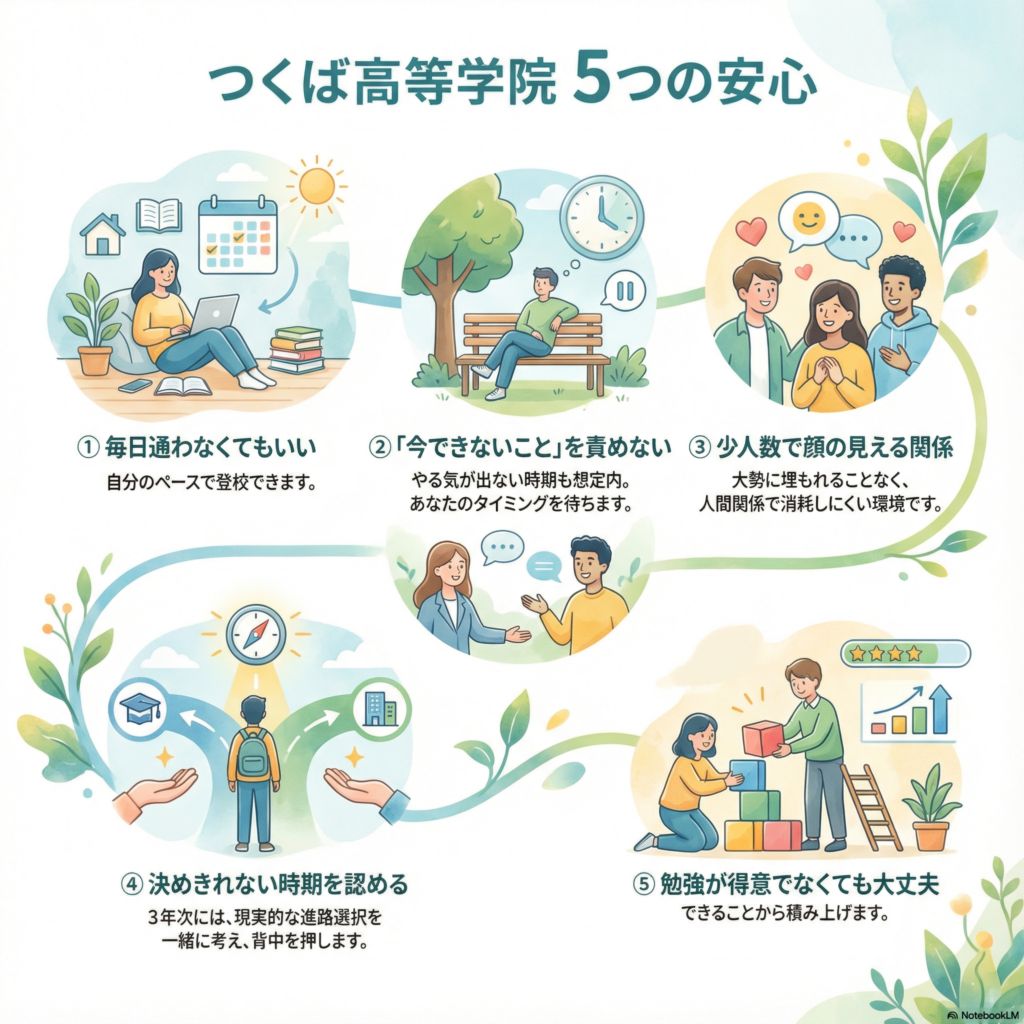 つくば高等学院の「5つの安心」

1. 毎日通学を求めない安心: 登校は毎日でなくても構いません。ただし、スクーリングなど必要な場面では出席することが前提です。
2. 「今できない」を責めない安心:やる気が出ない時期や動けない時期を想定内とし、できない理由を追及せず、戻るタイミングを待ちます。
3.  少人数・顔が見える関係の安心: 大勢の中で埋もれず、人間関係で消耗しにくい規模で関わります。
4.  決めきれない時期を認める安心: すぐに進路を決める必要はなく、迷う時間を認めますが、3年次には現実的な選択に向けて一緒に整理します。
5.  勉強が得意でなくても大丈夫という安心: できるところから積み上げる学びを大切にします。この方向性が一番安心が強いとされています。