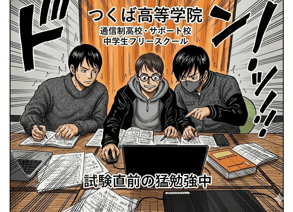 つくば高等学院、通信制高校・サポート校、中学生フリースクール。試験直前の猛勉強。